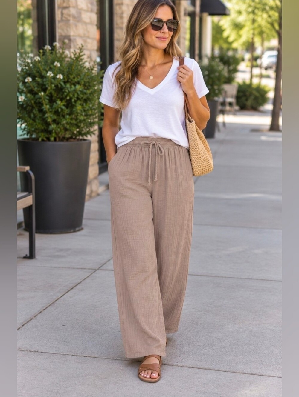 Lotus & Luna Women’s Wide-Leg 100% Cotton Drawstring Pants with pockets Taupe L